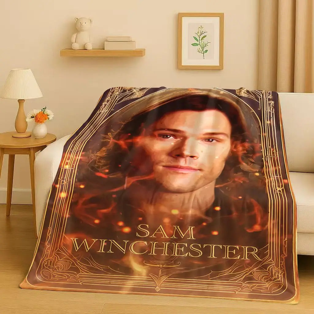 A print featuring Sam Winchester in a dramatic style on a blanket.