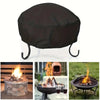 Black round fire pit cover with curved legs shown alongside examples of its use.