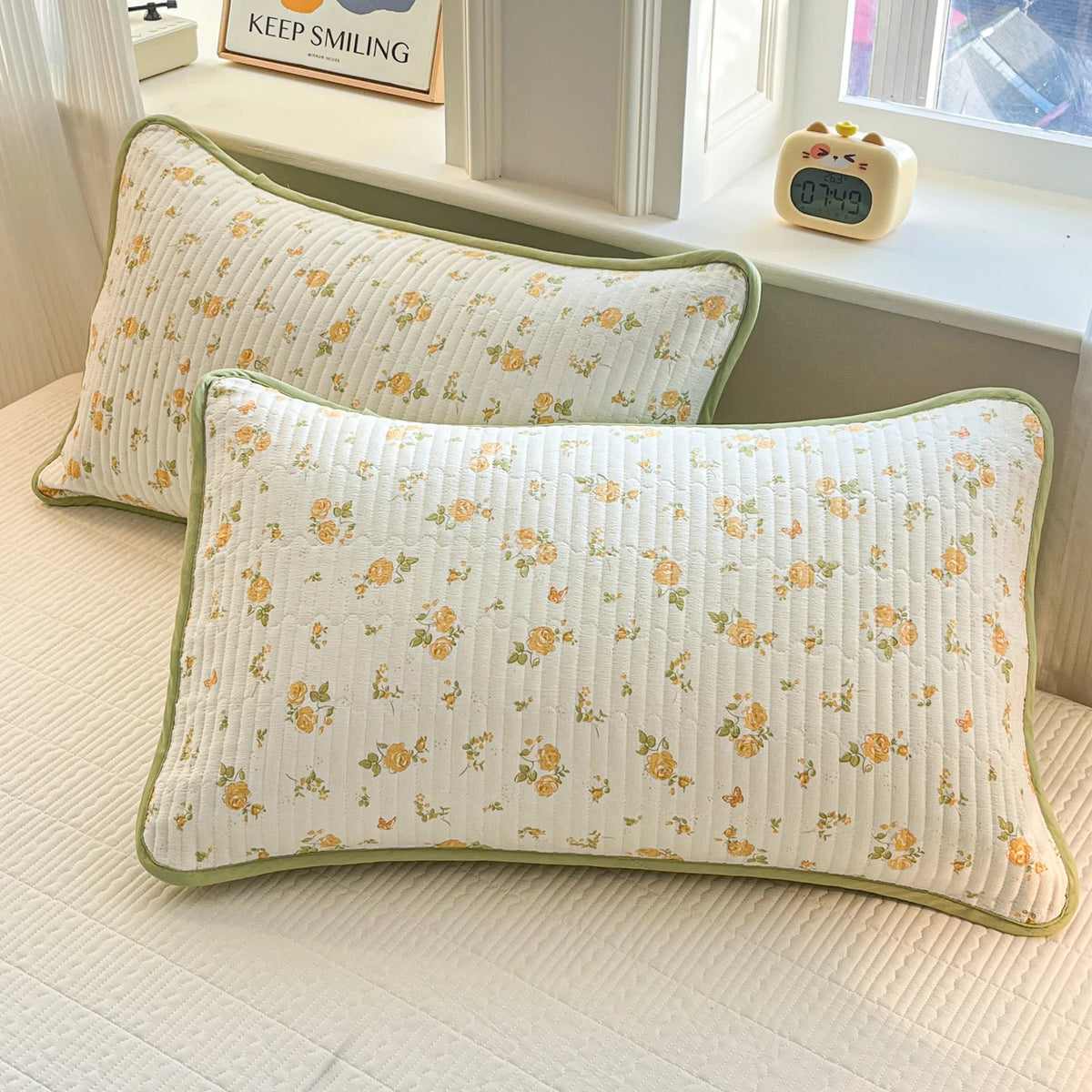 A close-up of a cream quilted pillow with a yellow floral pattern resting on a light-colored surface.