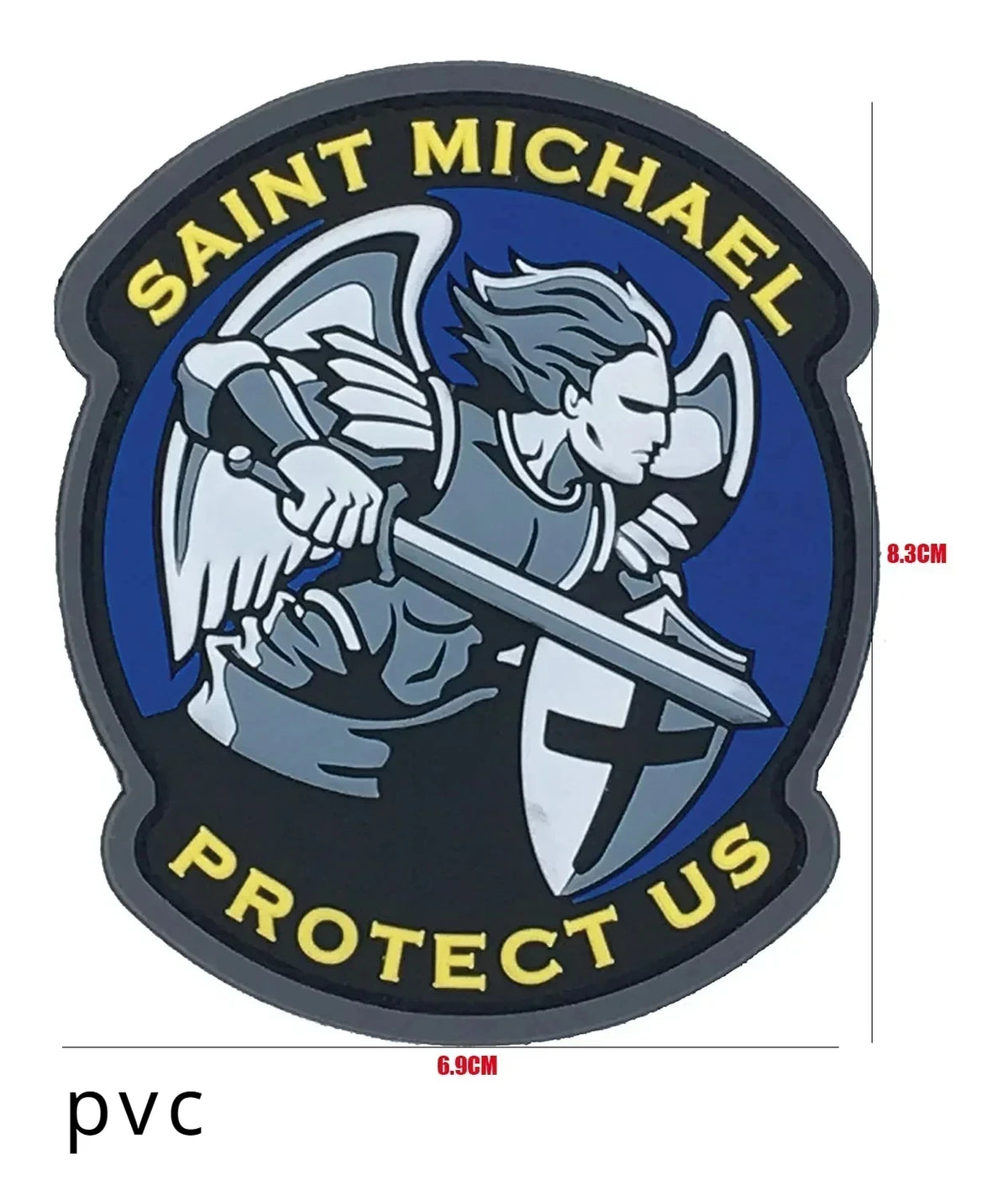 An oval patch featuring a winged figure holding a sword and shield with the text Saint Michael Protect Us