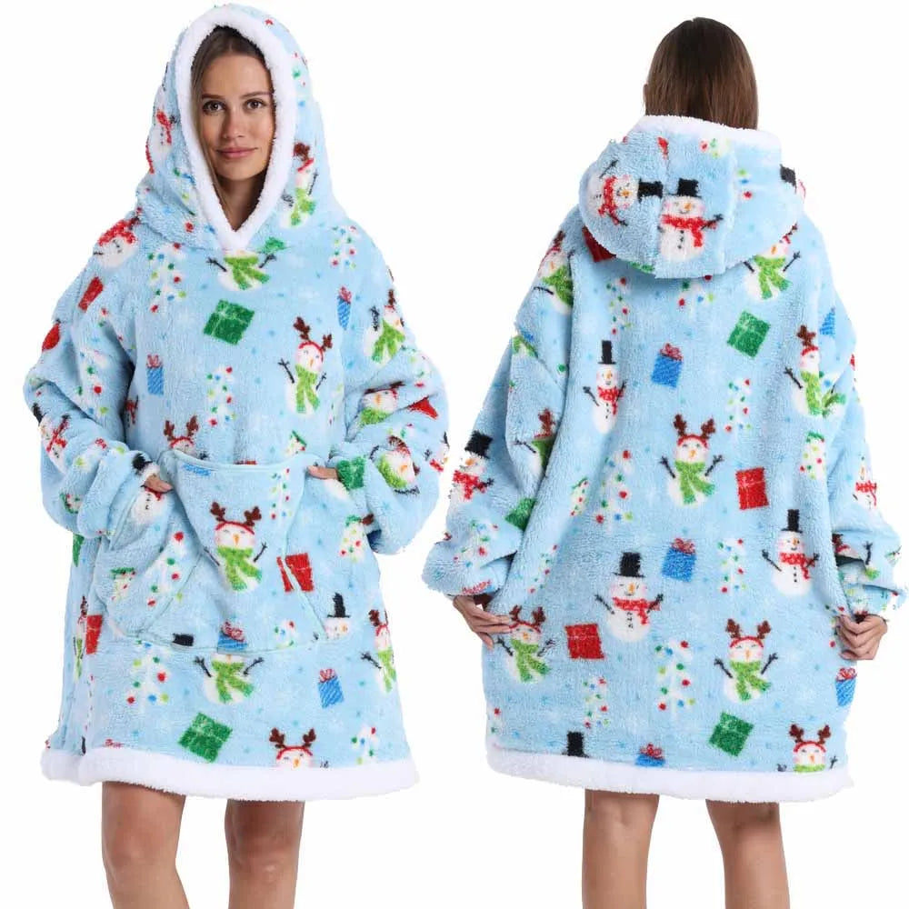 A woman models a light blue patchwork fleece hoodie with a white trim and a hood.