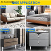 A collection of furniture pieces including a sofa, bed, dresser, and cabinet, all supported by heavy-duty adjustable legs.