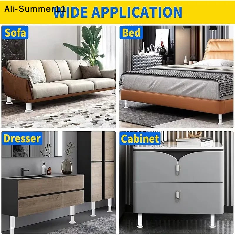 A collection of furniture pieces including a sofa, bed, dresser, and cabinet, all supported by heavy-duty adjustable legs.