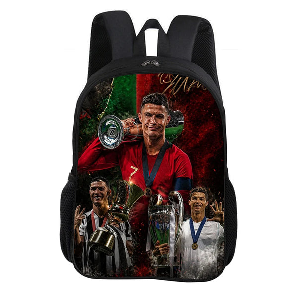 A black backpack featuring a graphic of a football player celebrating with trophies and a national flag.