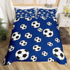 A royal blue duvet cover featuring a pattern of black and white footballs.