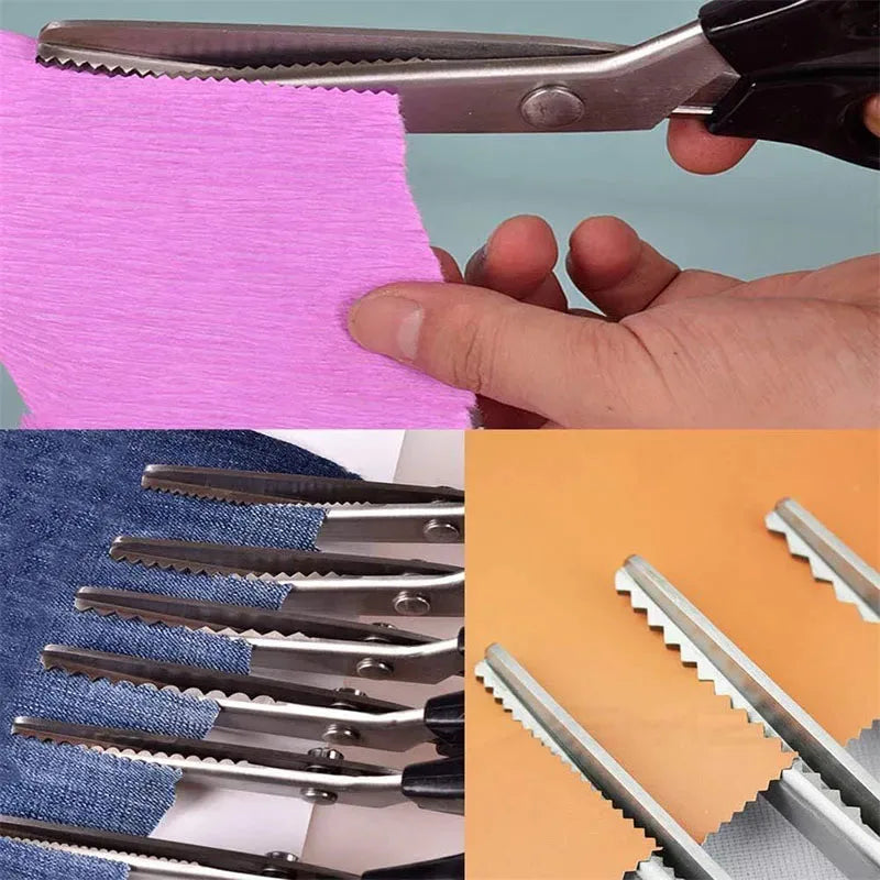 A collection of stainless steel zig zag lace sewing scissors shown in various angles and contexts.