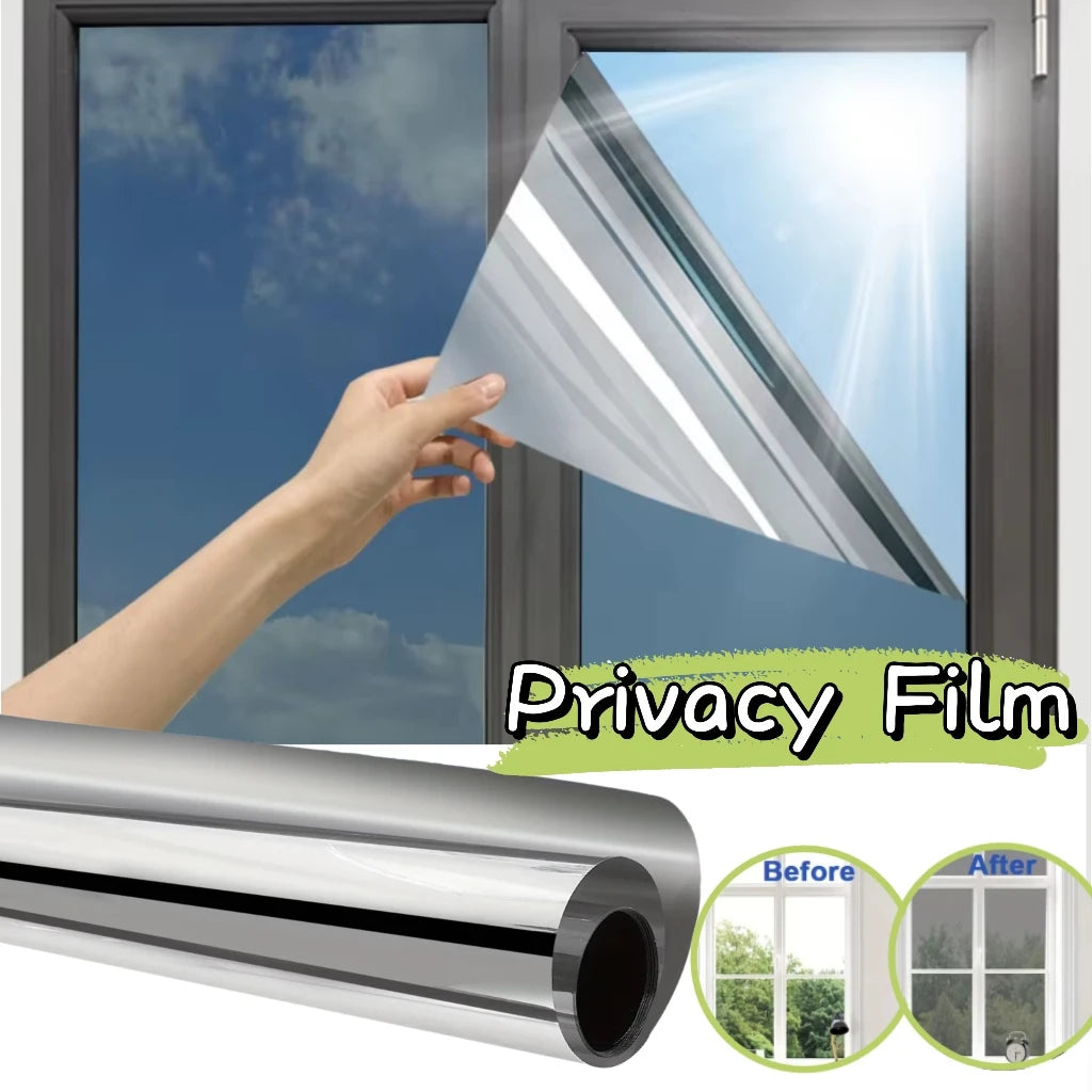 A hand is holding a strip of privacy film, demonstrating its use on a window. The product is a silver roll.