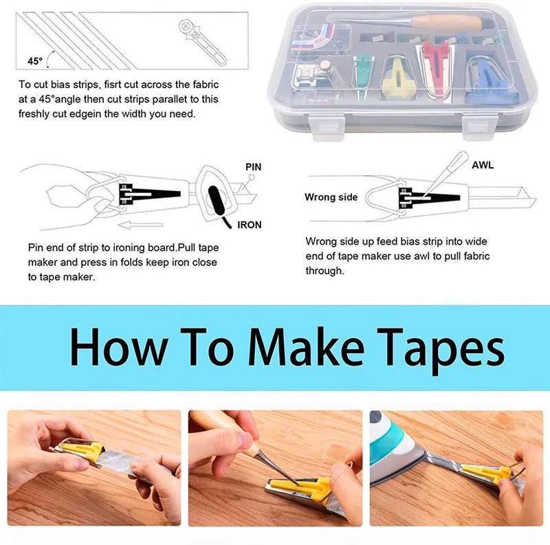A set of professional sewing bias binder tools and accessories for cutting strips and making tapes.