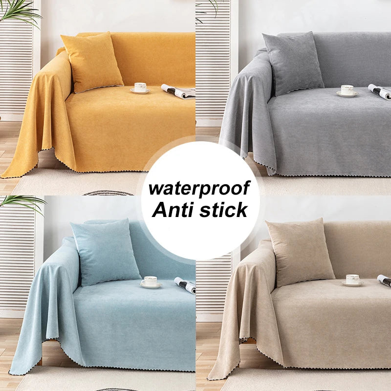 Various colors of waterproof anti-stick sofa covers draped over modern gray and yellow furniture.
