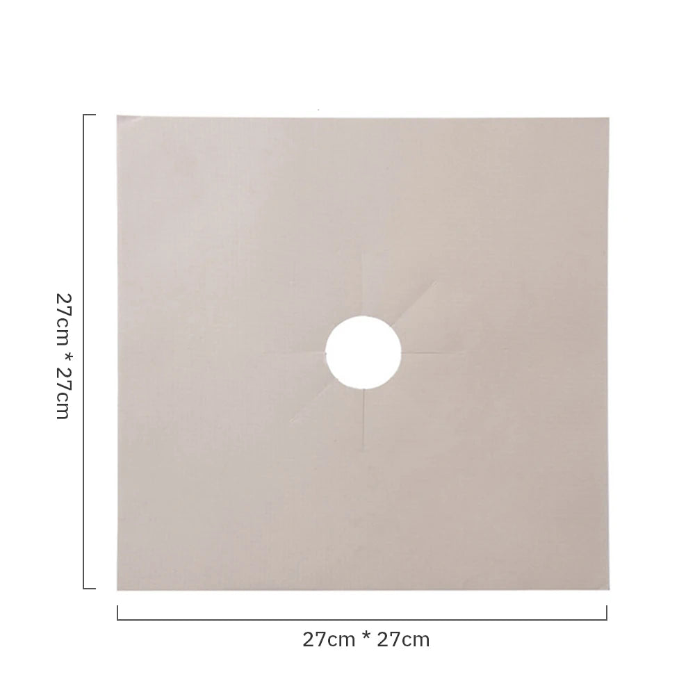 A square, light beige gas stove protector with a circular cutout in the center.
