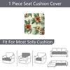 A floral outdoor sofa cushion cover featuring green leaves and orange flowers, shown alongside various sofa cushions.