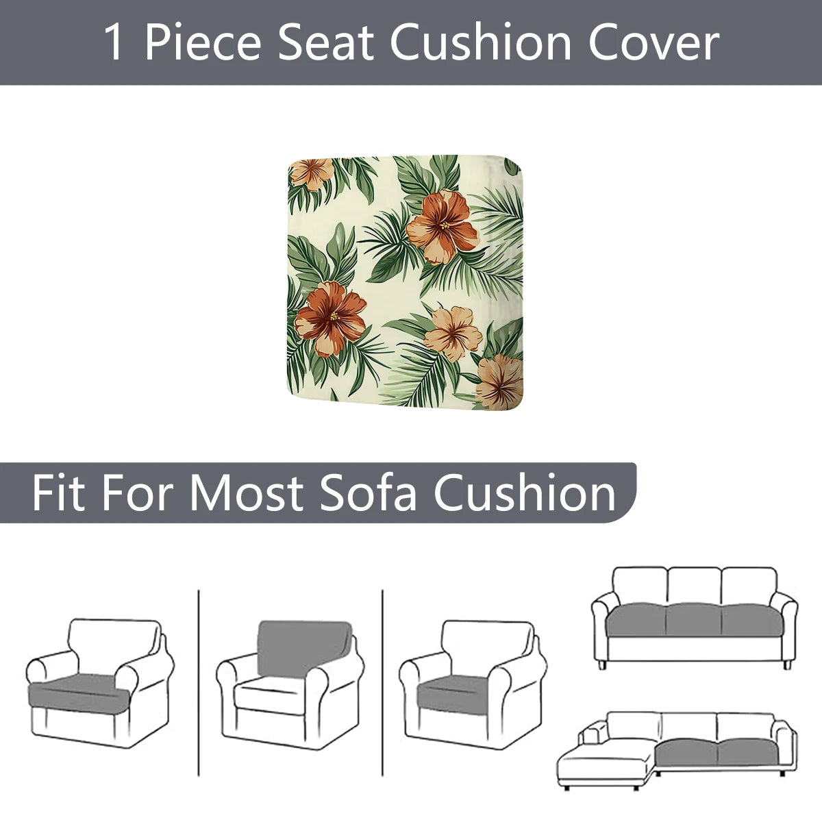 A floral outdoor sofa cushion cover featuring green leaves and orange flowers, shown alongside various sofa cushions.
