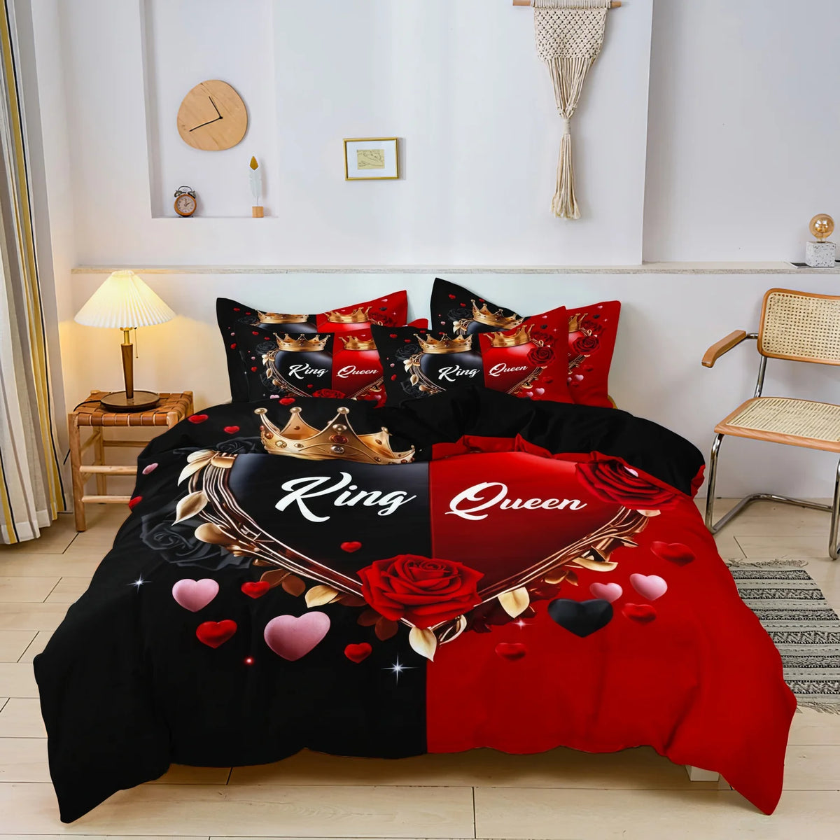 Black and red bedding set featuring a heart crown rose pattern for a king and queen theme.