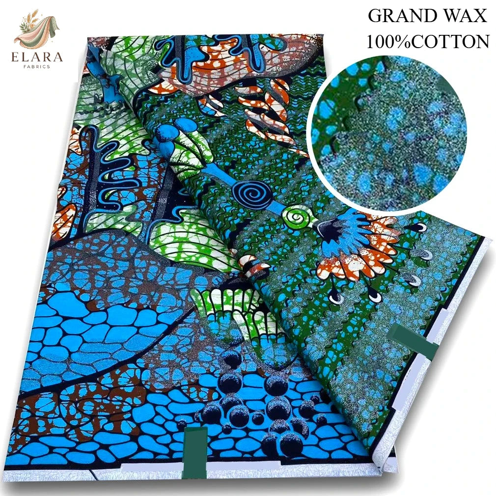 A bolt of 100% cotton African wax print fabric featuring vibrant green, blue, and orange patterns.