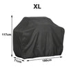 Black XL heavy duty waterproof BBQ grill cover shown with dimensions 117cm high, 190cm long, and 71cm depth.