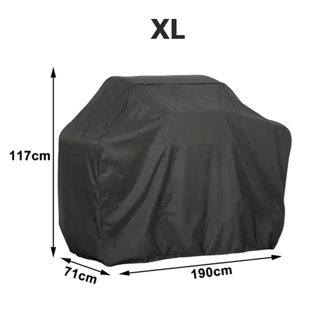 Black XL heavy duty waterproof BBQ grill cover shown with dimensions 117cm high, 190cm long, and 71cm depth.