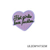 A light purple heart shaped iron-on embroidered letter patch with the text Hot girls love pickles