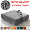 A gray velvet sofa seat cushion cover displayed on a piece of furniture with various color options shown below.