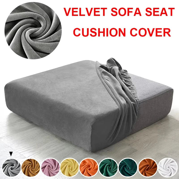 A gray velvet sofa seat cushion cover displayed on a piece of furniture with various color options shown below.