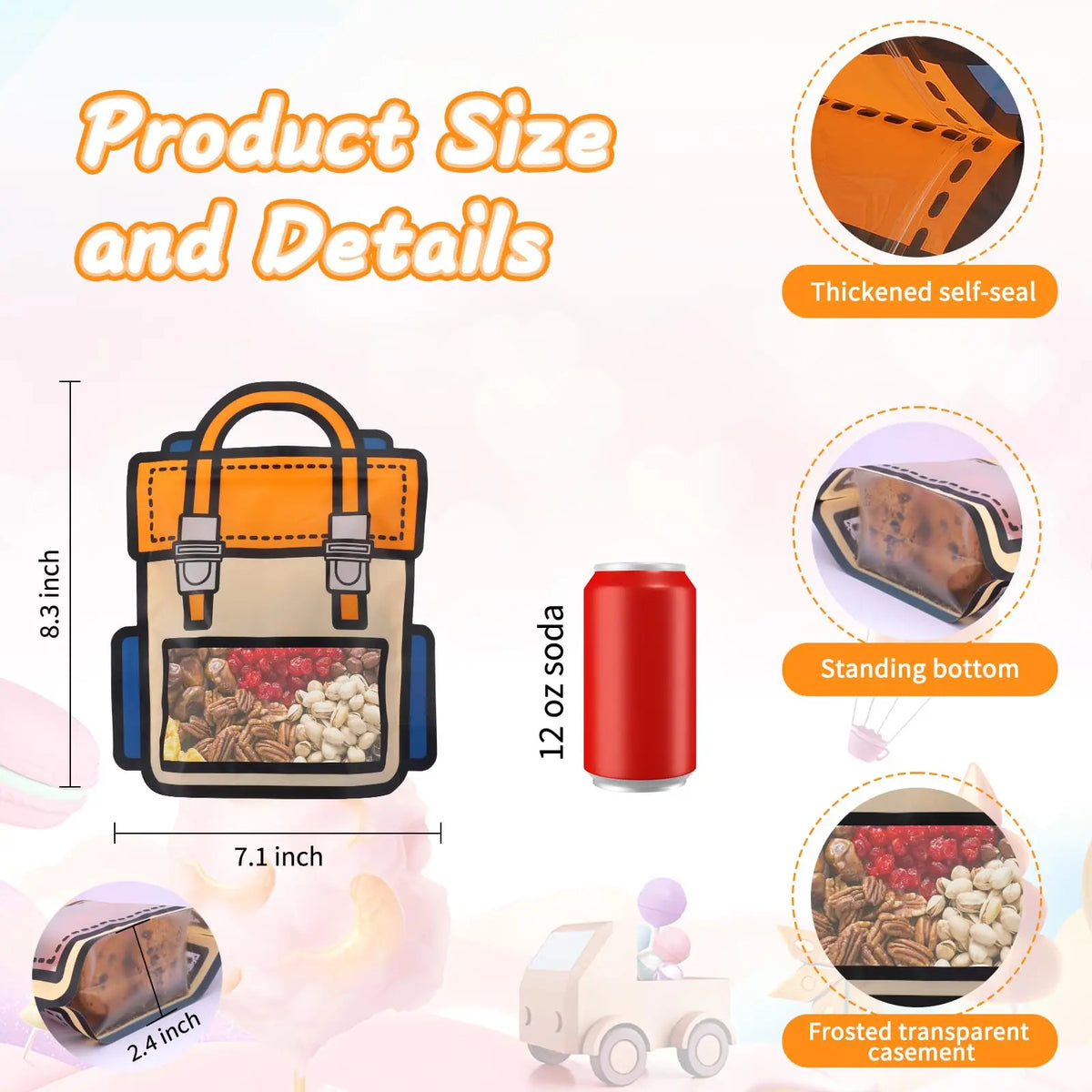 Illustration showing a thick orange self-seal bag, a 12 oz soda can, and a frosted transparent casement.