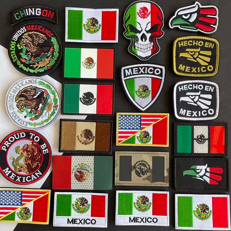 A collection of embroidered national flag patches featuring Mexico and the United States, including various designs for tacti