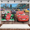 A cartoon racing theme backdrop featuring Minions and race cars on a textured surface.