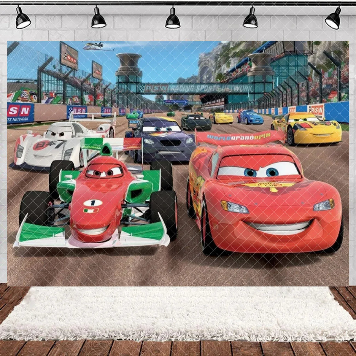A cartoon racing theme backdrop featuring Minions and race cars on a textured surface.