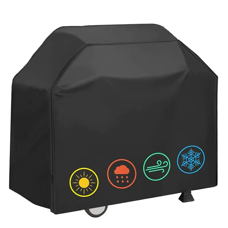 A black heavy-duty outdoor BBQ grill cover is shown from the side.
