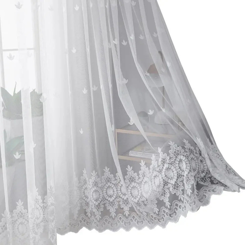 White embroidered floral tulle window curtain with delicate lace trim