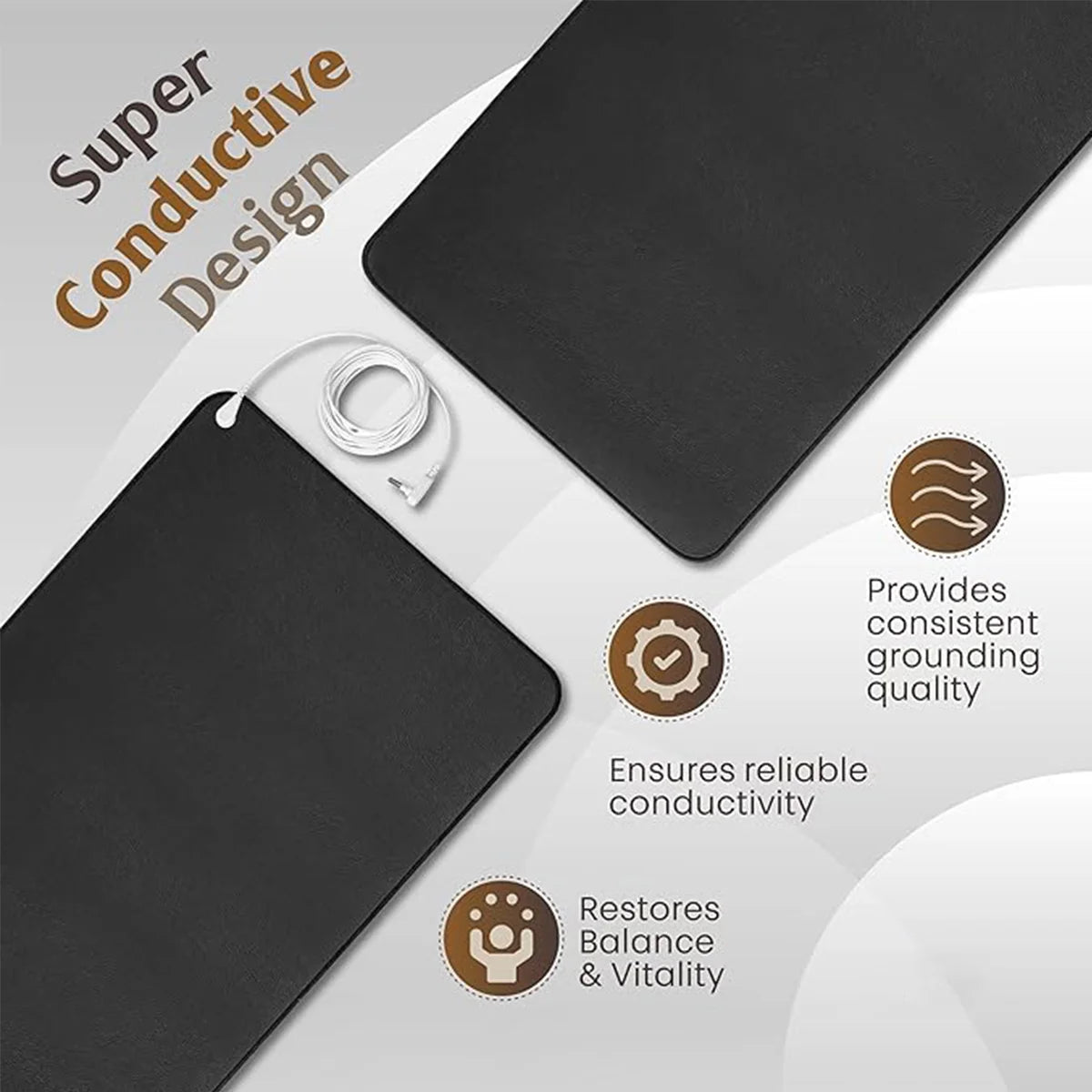 A black conductive grounding mat with a coiled wire, designed to provide consistent grounding quality and restore balance.