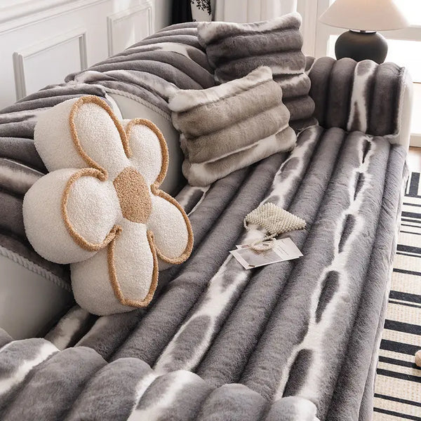 Gray and white plush velvet sofa protector covers with decorative lumbar pillows