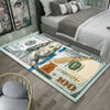 A rectangular area rug featuring a creative dollar print design on a light background.