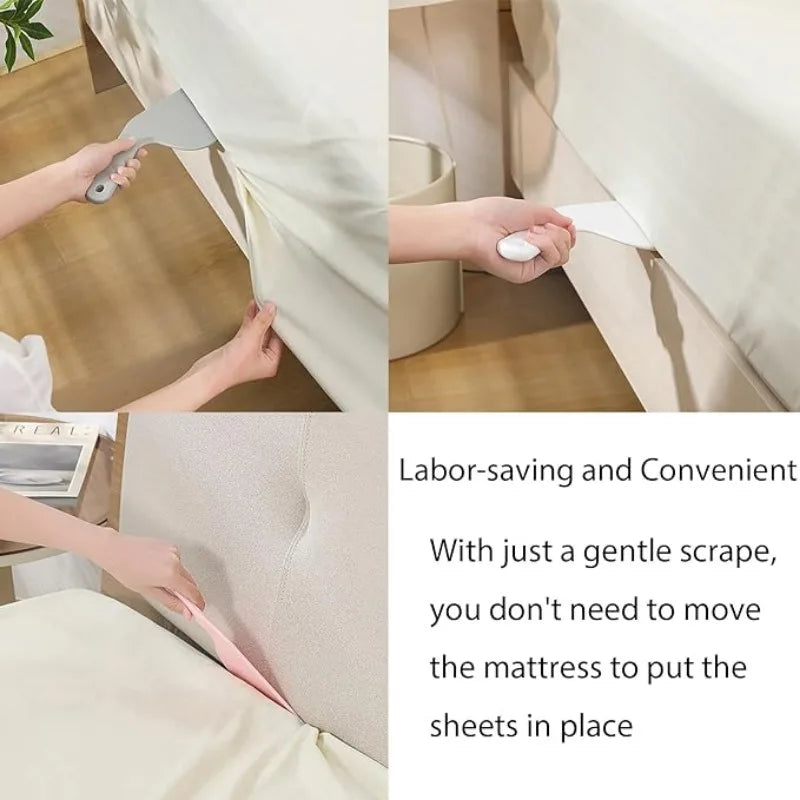 A hand uses a tool to gently scrape bed sheets onto a mattress without moving it.