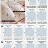 Sizing reference chart showing dimensions for ME, US, and EU sized duvet covers and pillow shams.
