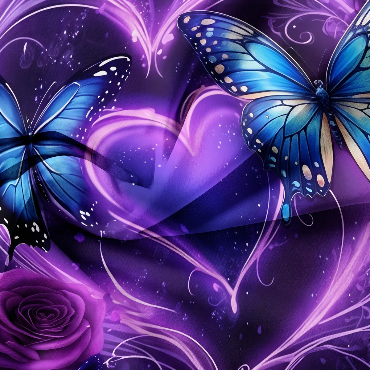 A purple and blue floral design featuring butterflies and roses on a dark background.