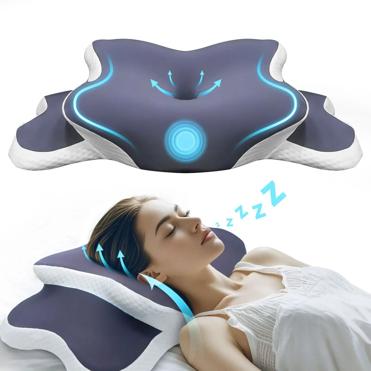 A purple ergonomic memory foam cervical pillow is shown with blue light features, resting on a person's neck.