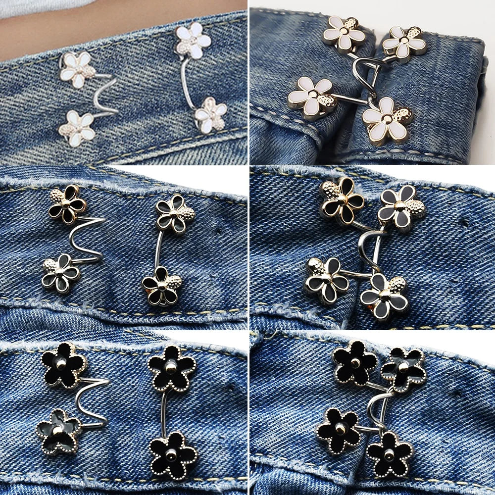 Silver and gold floral alloy button clips used for adjusting the waist of denim jeans