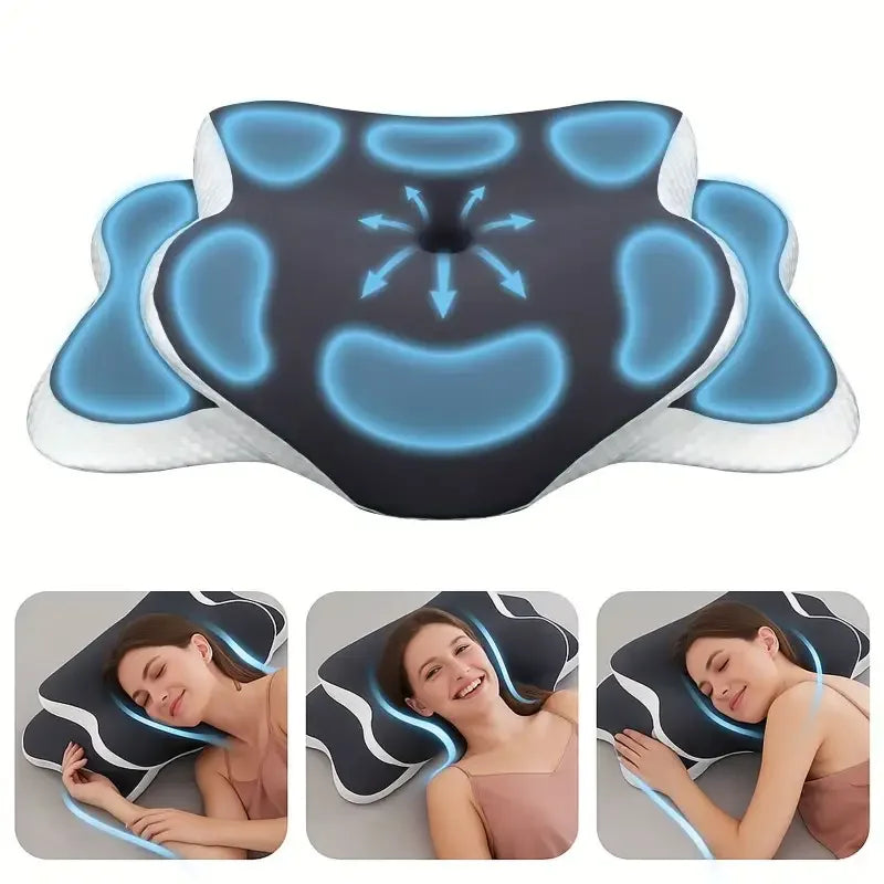 A black ergonomic memory foam butterfly neck pillow shown in various angles with a woman using it.