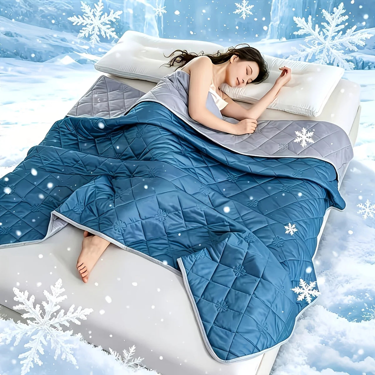 A woman relaxing under a blue quilted blanket in a snowy winter setting.