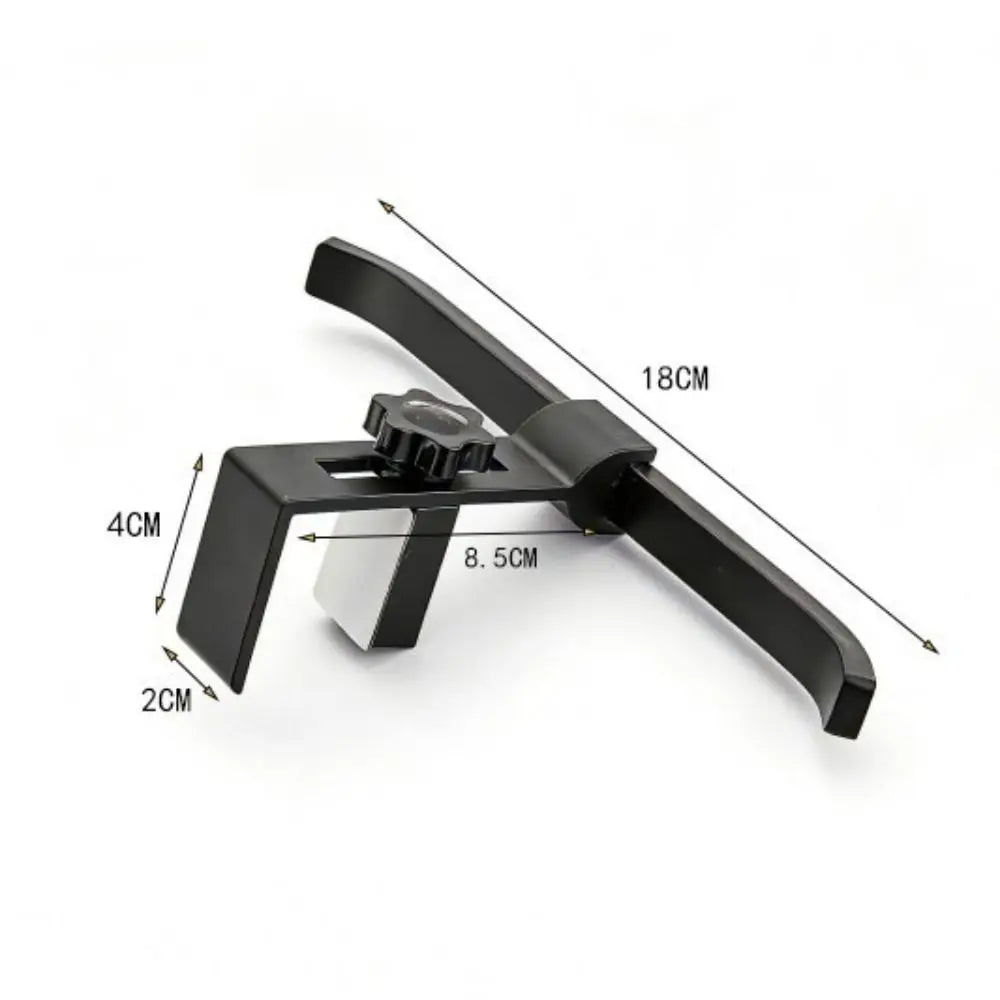 A black adjustable aluminum alloy desk hook with dual clips shown from the side.