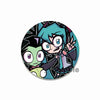 An enamel pin featuring an anime character with teal hair and glowing eyes against a dark background.