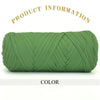 A skein of thick, olive green polyester blended yarn is shown rolled up against a white background.