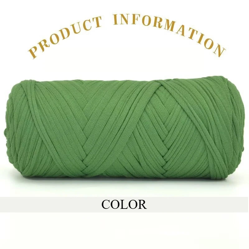 A skein of thick, olive green polyester blended yarn is shown rolled up against a white background.
