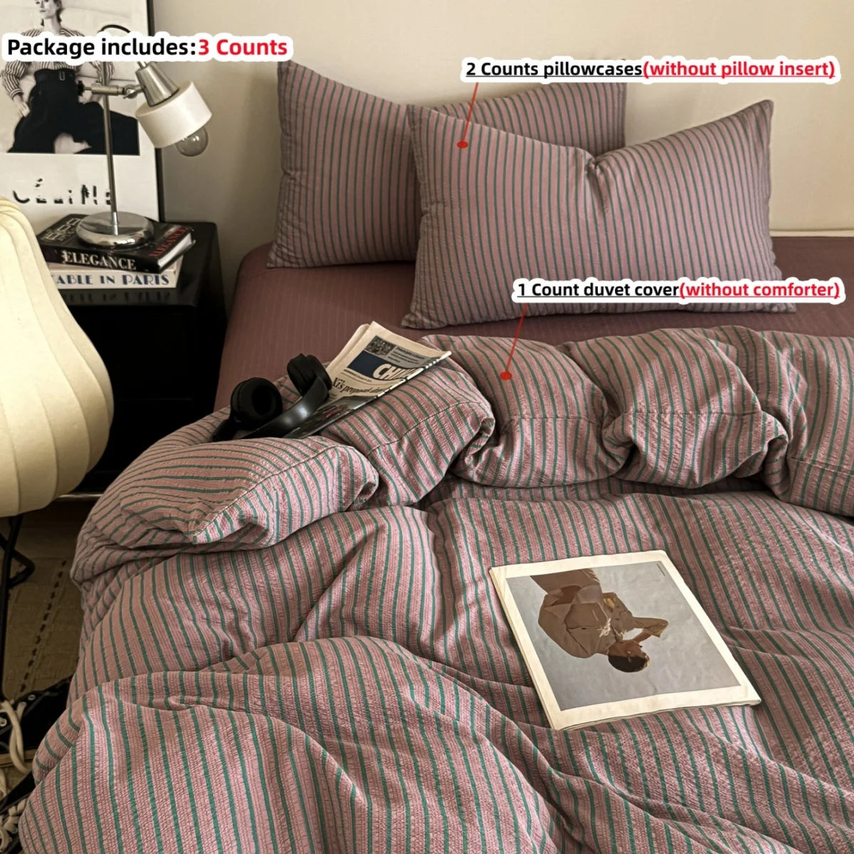A striped duvet cover set featuring pink and gray stripes, including a duvet cover, pillowcases, and a comforter.
