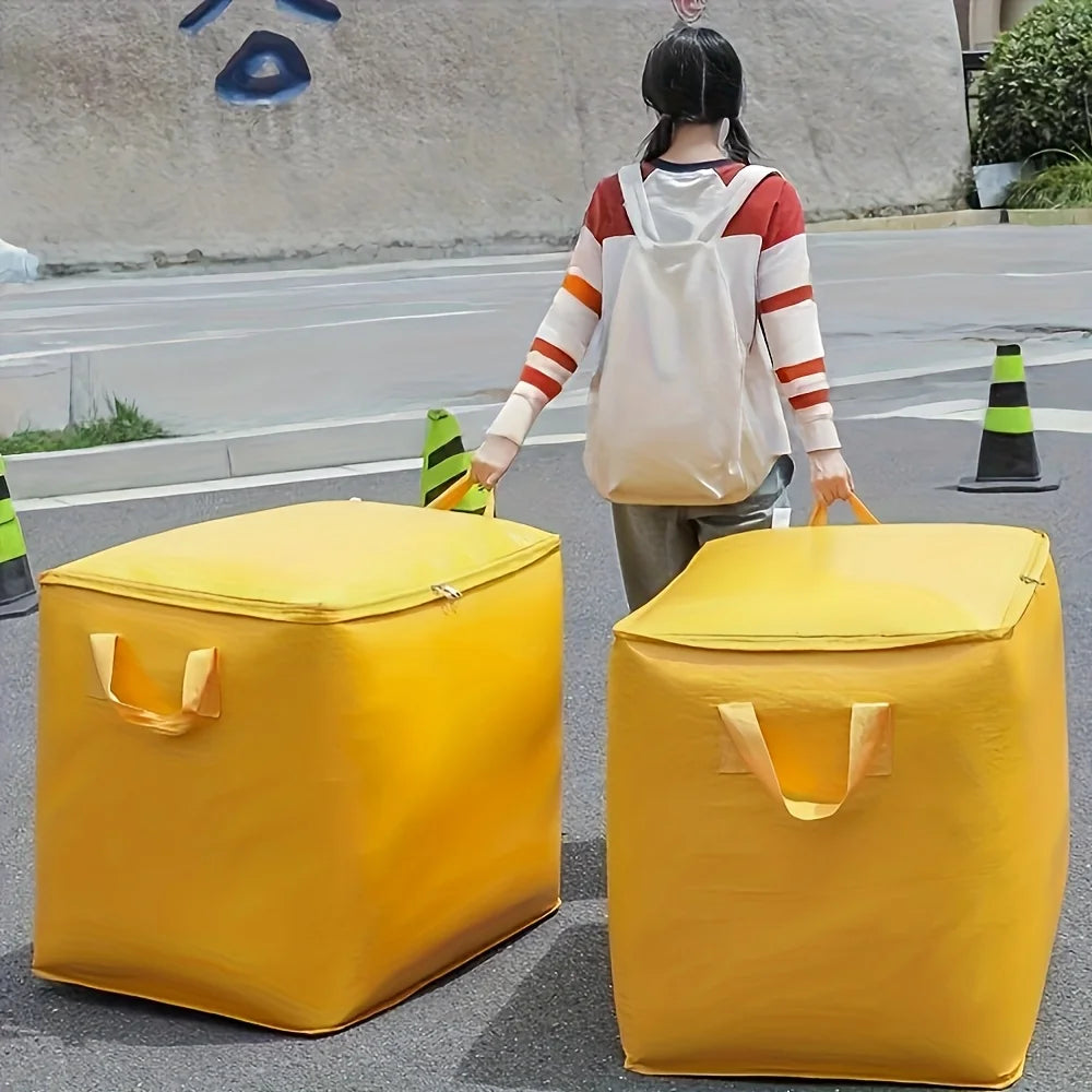 A person is standing next to two large yellow storage bags on a sidewalk.