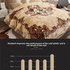 A beige weighted blanket is displayed on a bed, emphasizing softness and warmth.
