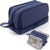 A navy blue fabric pencil pouch with a zipper and a separate compartment for pens and pencils.