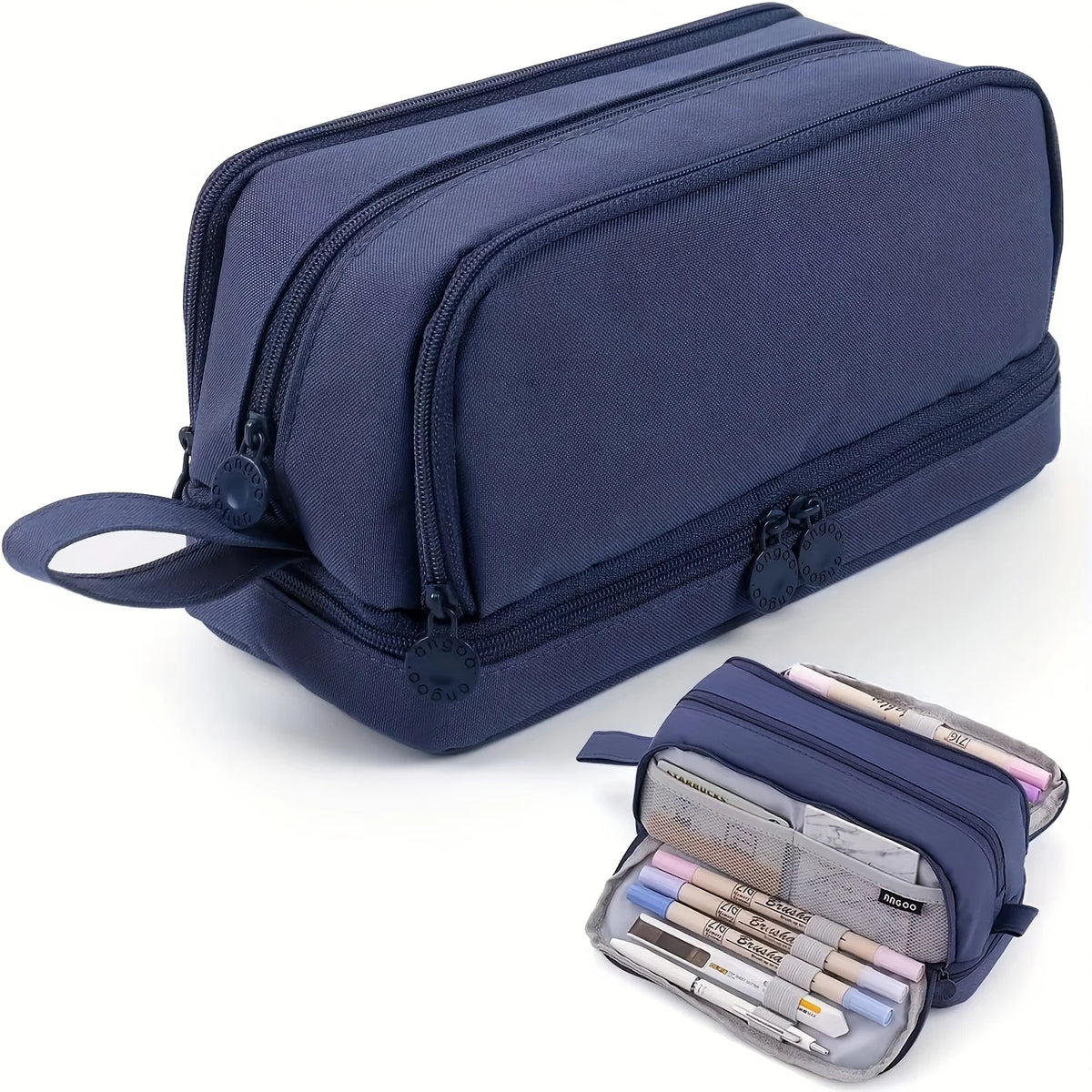 A navy blue fabric pencil pouch with a zipper and a separate compartment for pens and pencils.