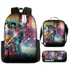 A black backpack featuring a vibrant Roblox cartoon design with characters and game elements.
