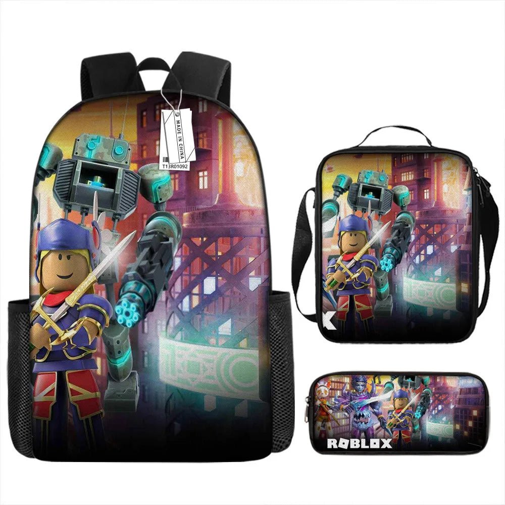 A black backpack featuring a vibrant Roblox cartoon design with characters and game elements.